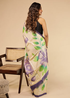 Cream Handloom Tussar Pure Silk Saree With Blouse Piece