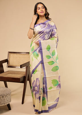 Cream Handloom Tussar Pure Silk Saree With Blouse Piece