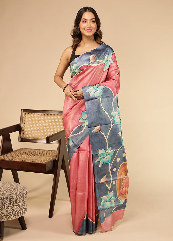 Pink Handloom Tussar Pure Silk Saree With Blouse Piece