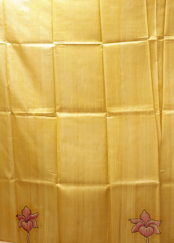 Yellow Handloom Tussar Pure Silk Saree With Blouse Piece