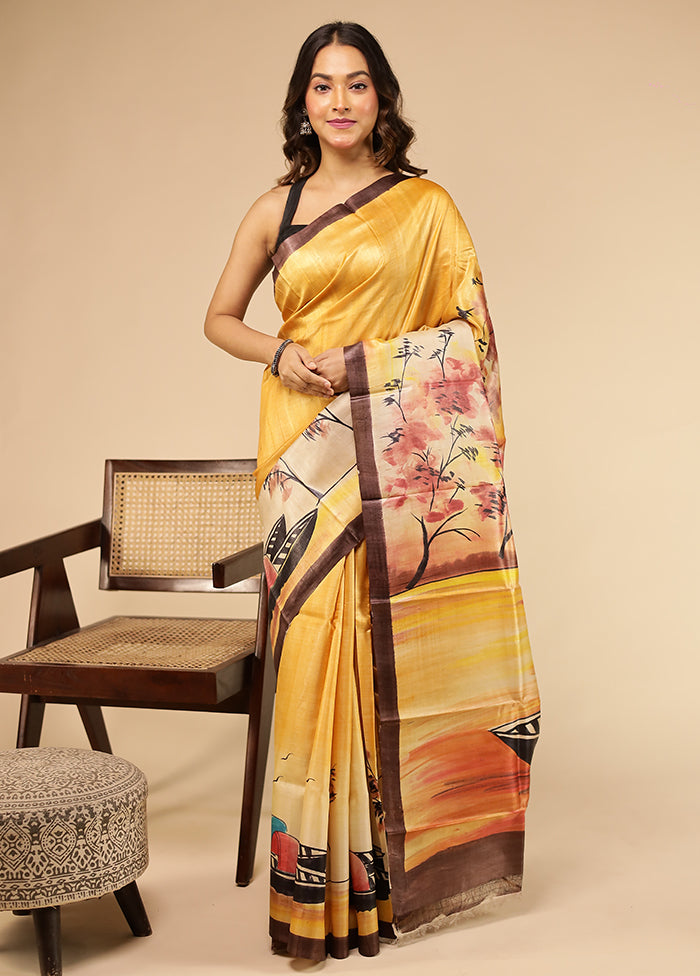Cream Handloom Tussar Pure Silk Saree With Blouse Piece