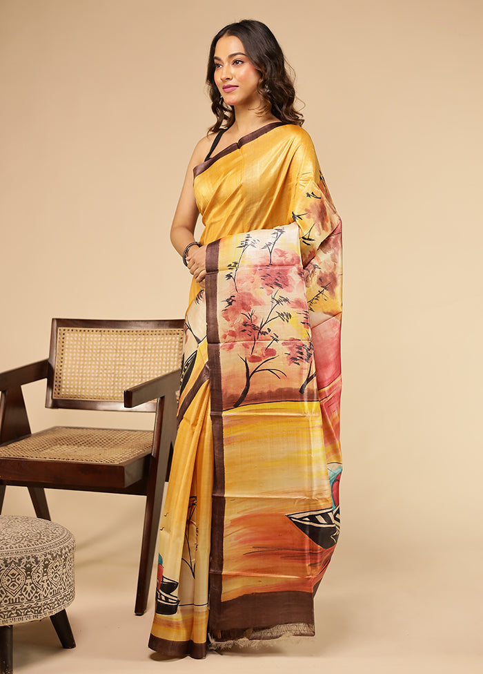 Cream Handloom Tussar Pure Silk Saree With Blouse Piece