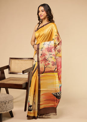 Cream Handloom Tussar Pure Silk Saree With Blouse Piece