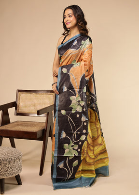 Brown Handloom Tussar Pure Silk Saree With Blouse Piece
