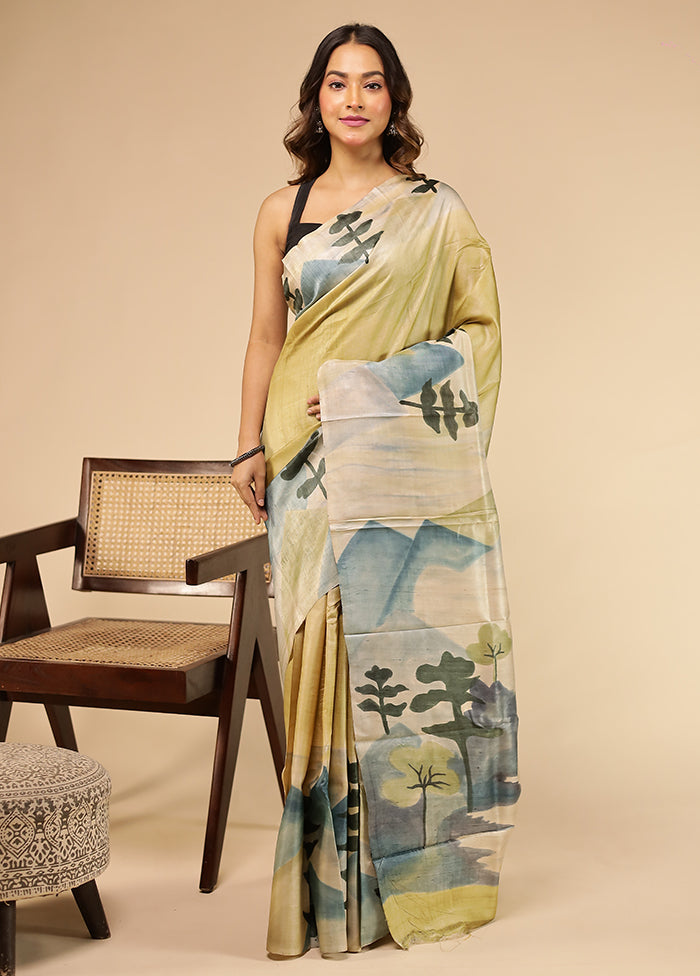 Cream Handloom Tussar Pure Silk Saree With Blouse Piece