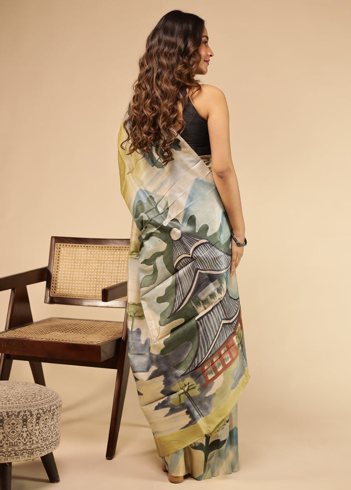 Cream Handloom Tussar Pure Silk Saree With Blouse Piece