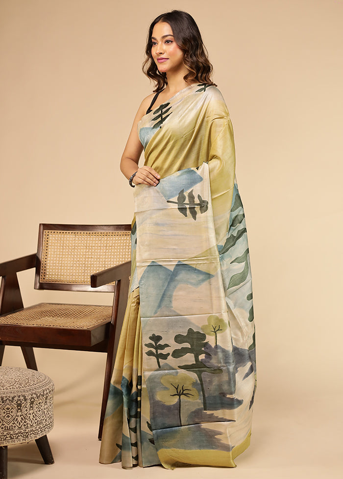 Cream Handloom Tussar Pure Silk Saree With Blouse Piece
