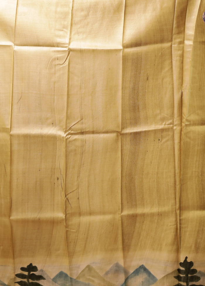 Cream Handloom Tussar Pure Silk Saree With Blouse Piece