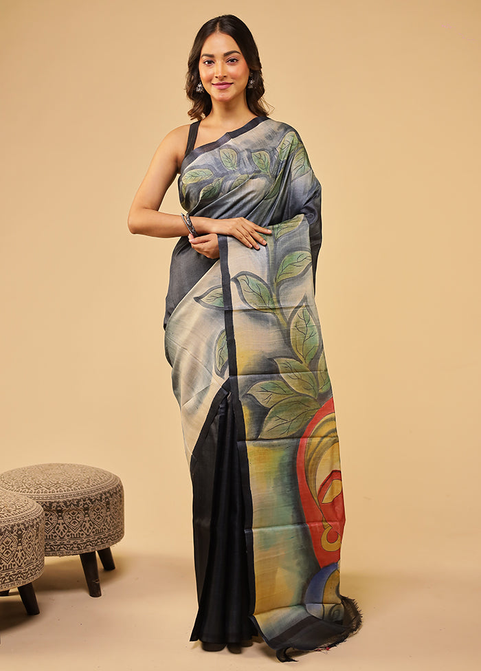 Black Handloom Tussar Pure Silk Saree With Blouse Piece