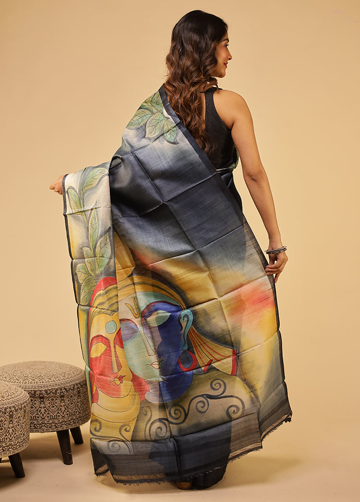 Black Handloom Tussar Pure Silk Saree With Blouse Piece