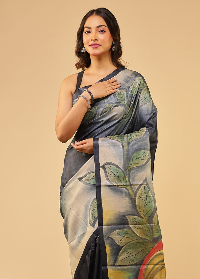 Black Handloom Tussar Pure Silk Saree With Blouse Piece