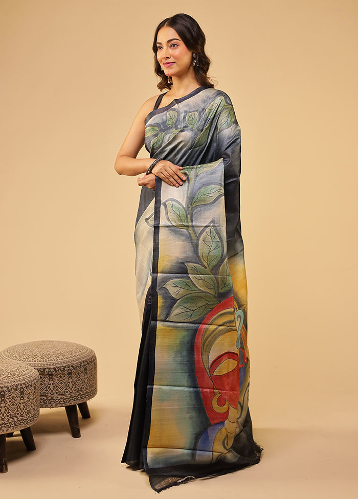 Black Handloom Tussar Pure Silk Saree With Blouse Piece