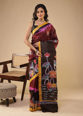 Purple Printed Pure Silk Saree Without Blouse Piece