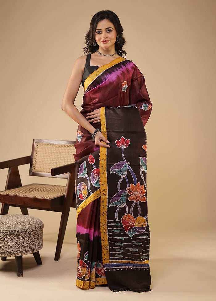 Purple Printed Pure Silk Saree Without Blouse Piece
