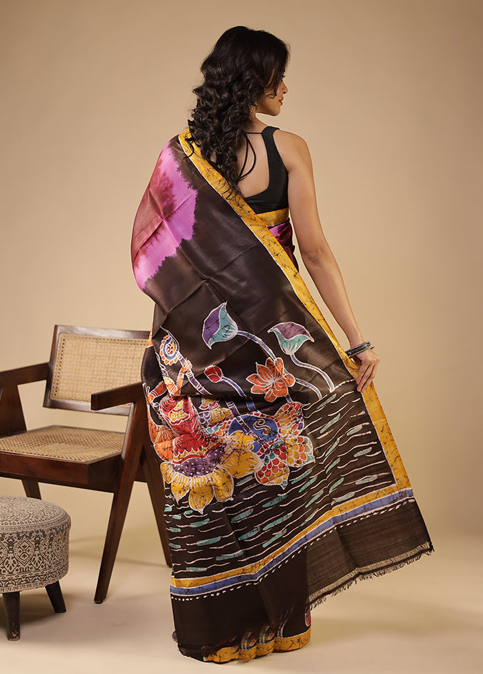 Purple Printed Pure Silk Saree Without Blouse Piece
