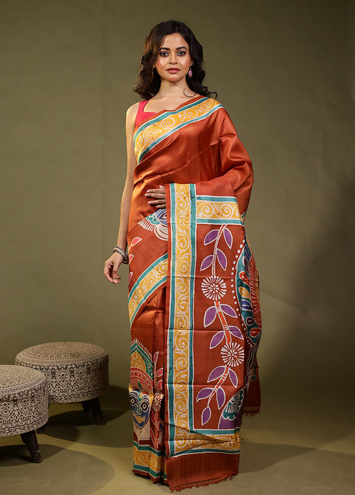 Brown Printed Pure Silk Saree Without Blouse Piece