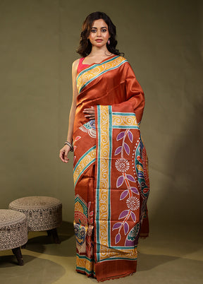 Brown Printed Pure Silk Saree Without Blouse Piece