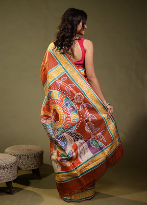 Brown Printed Pure Silk Saree Without Blouse Piece