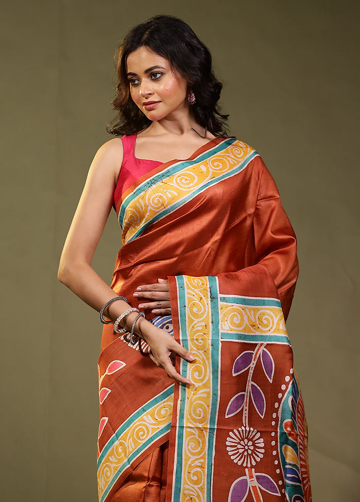Brown Printed Pure Silk Saree Without Blouse Piece