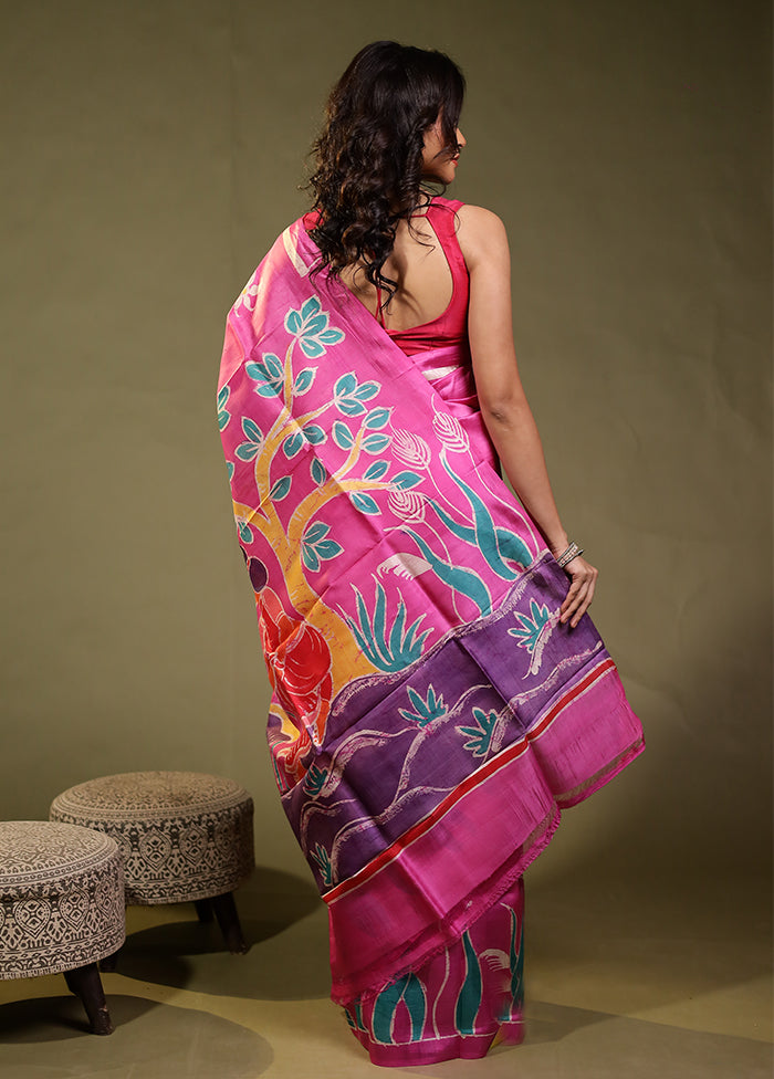 Pink Printed Pure Silk Saree Without Blouse Piece