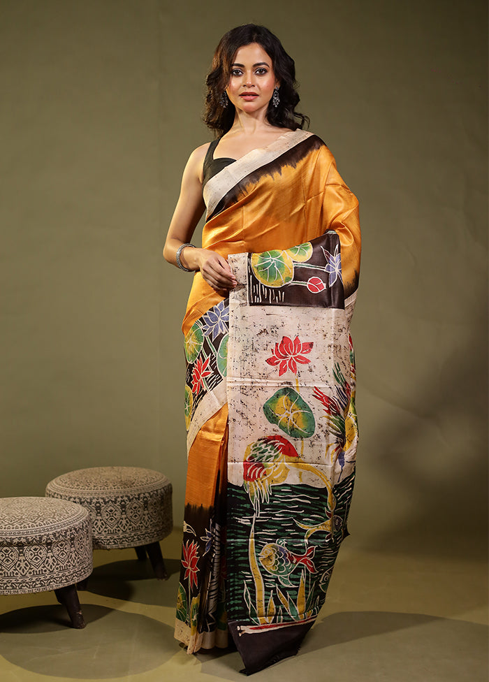 Black Printed Pure Silk Saree Without Blouse Piece