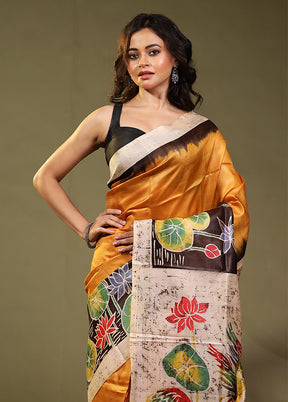 Black Printed Pure Silk Saree Without Blouse Piece