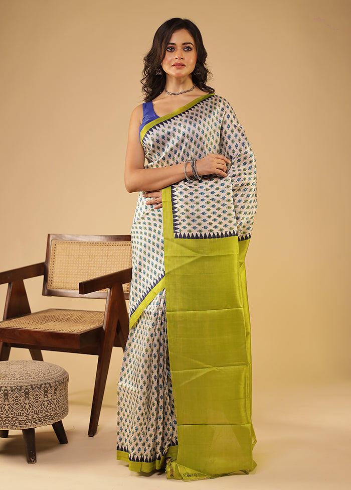 Cream Printed Pure Silk Saree Without Blouse Piece