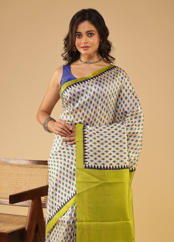 Cream Printed Pure Silk Saree Without Blouse Piece