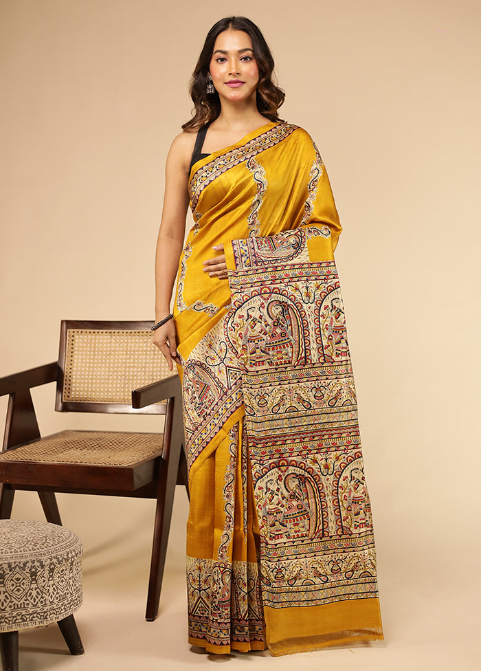 Yellow Printed Pure Silk Saree Without Blouse Piece