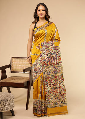 Yellow Printed Pure Silk Saree Without Blouse Piece