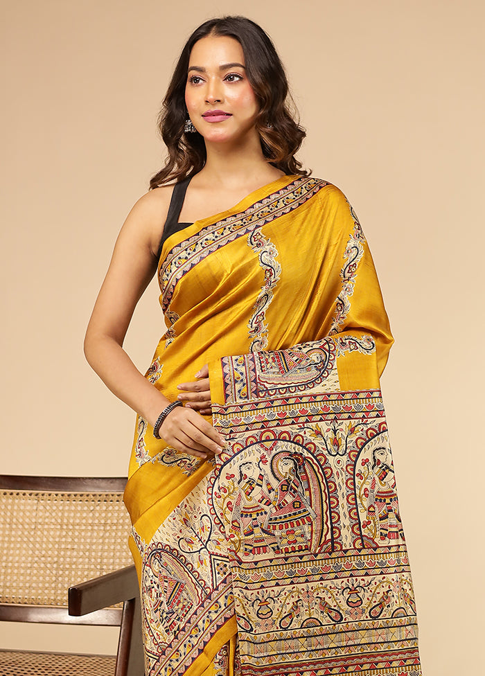 Yellow Printed Pure Silk Saree Without Blouse Piece