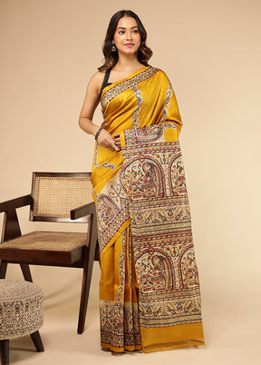 Yellow Printed Pure Silk Saree Without Blouse Piece
