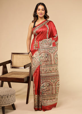 Red Printed Pure Silk Saree Without Blouse Piece