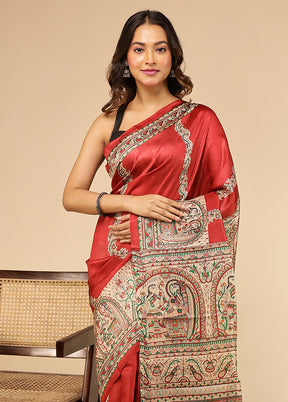 Red Printed Pure Silk Saree Without Blouse Piece