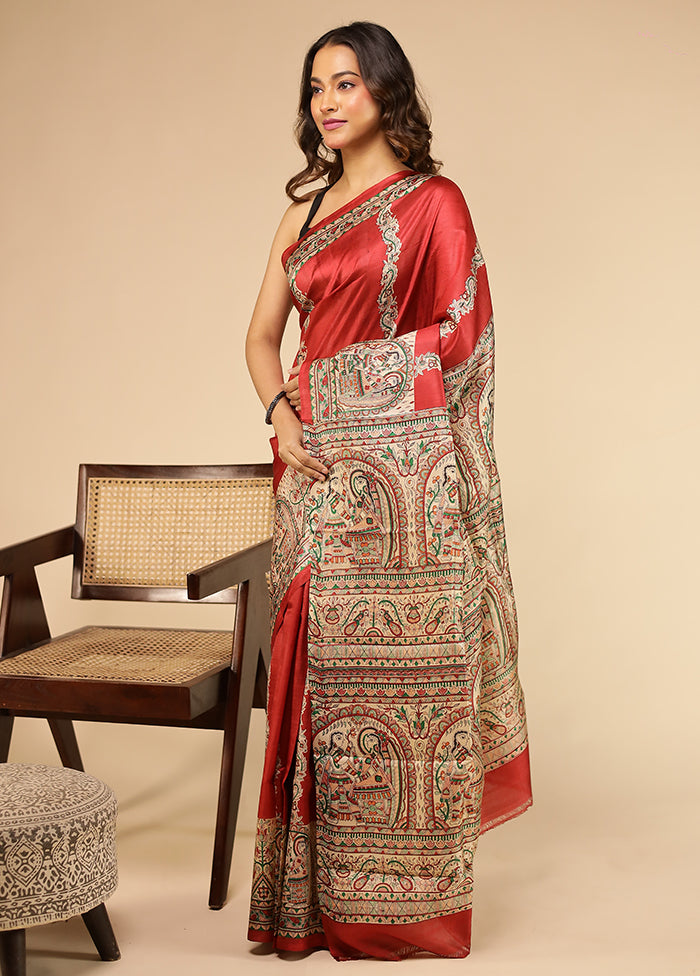 Red Printed Pure Silk Saree Without Blouse Piece