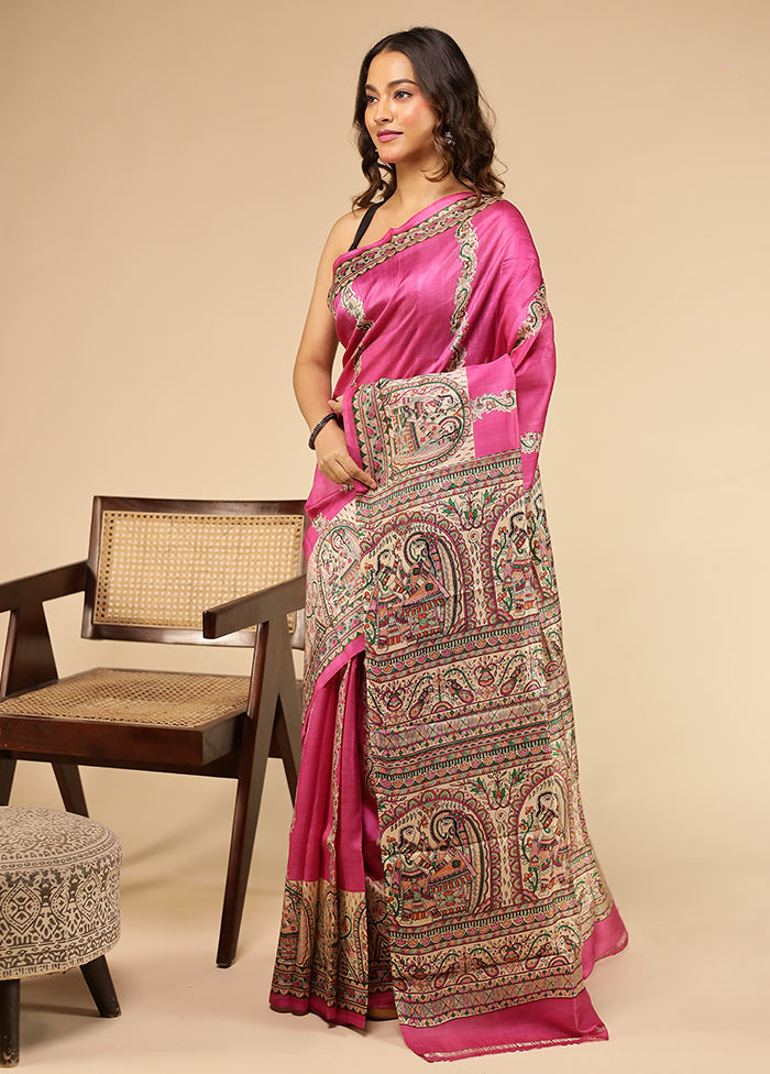 Pink Printed Pure Silk Saree Without Blouse Piece