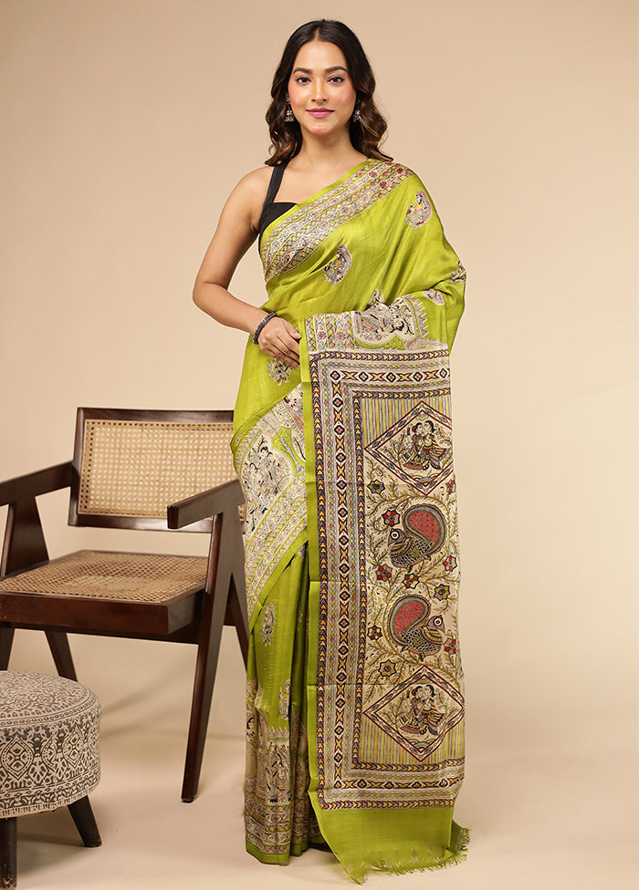 Green Printed Pure Silk Saree Without Blouse Piece