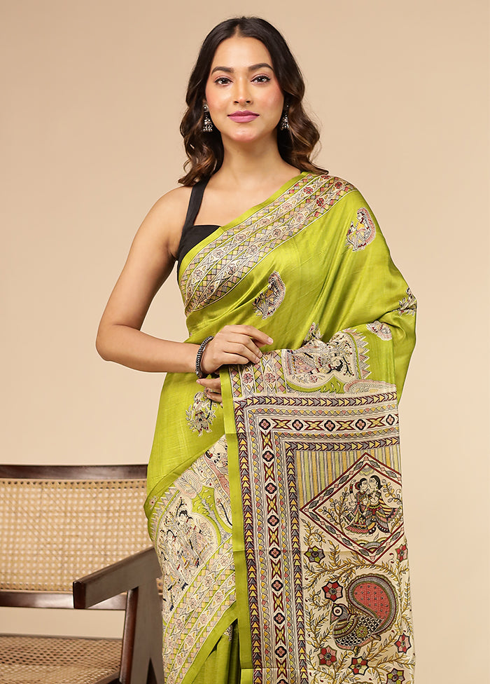Green Printed Pure Silk Saree Without Blouse Piece