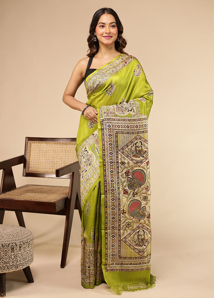 Green Printed Pure Silk Saree Without Blouse Piece
