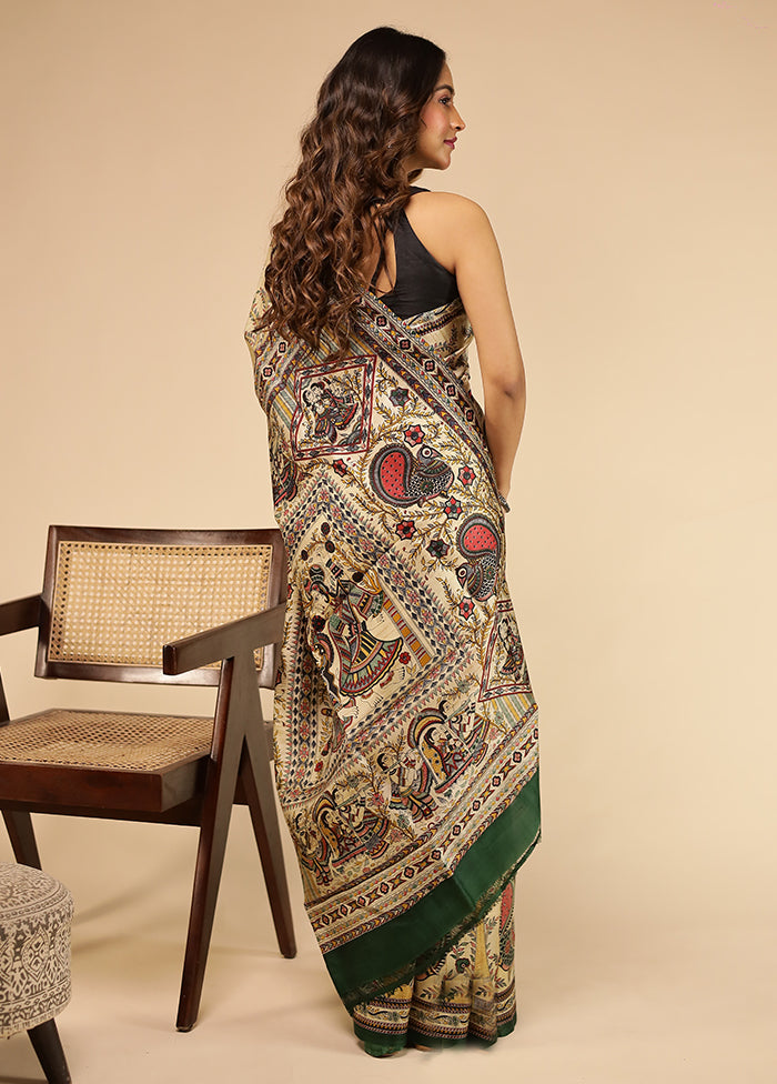 Cream Printed Pure Silk Saree Without Blouse Piece