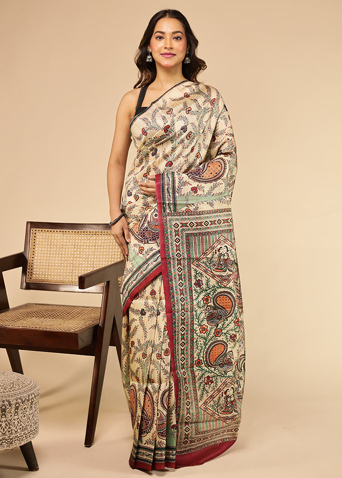 Cream Printed Pure Silk Saree Without Blouse Piece