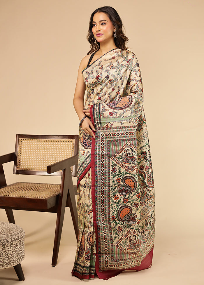 Cream Printed Pure Silk Saree Without Blouse Piece