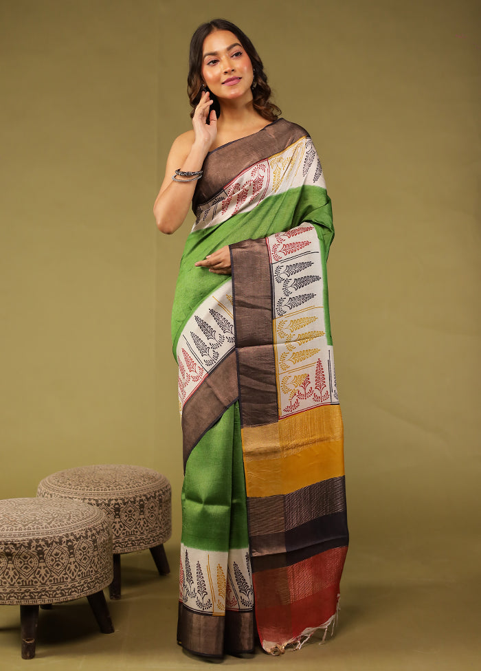 Green Tussar Silk Saree With Blouse Piece