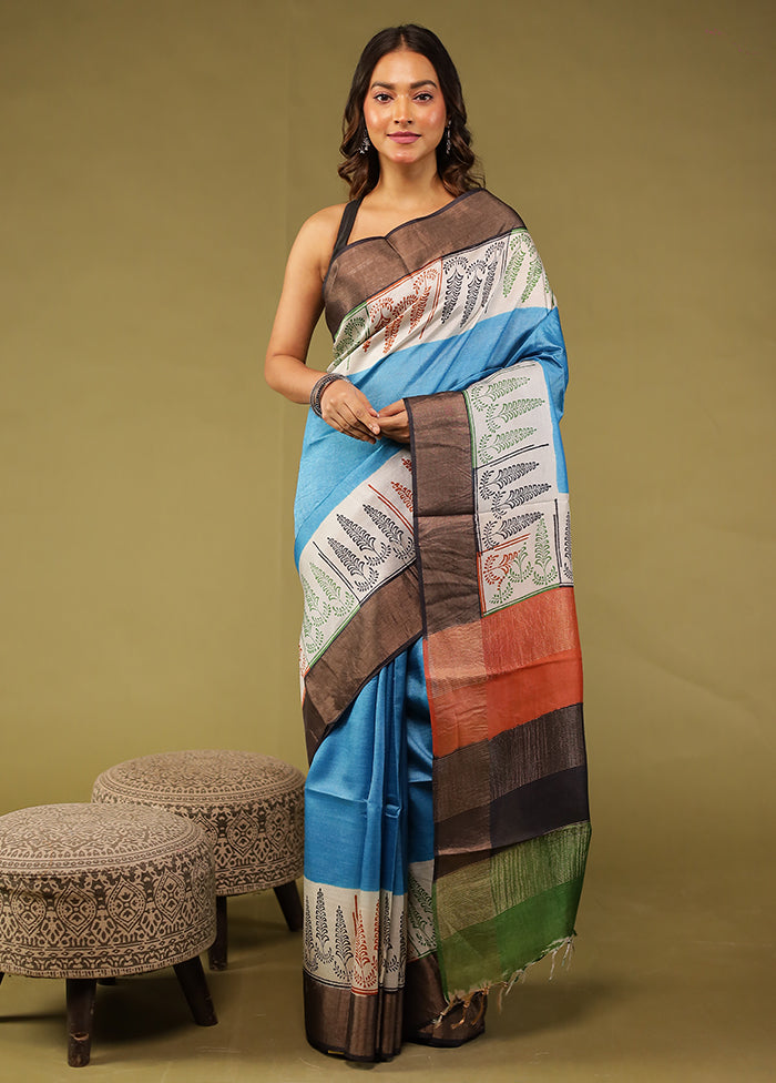 Blue Tussar Silk Saree With Blouse Piece