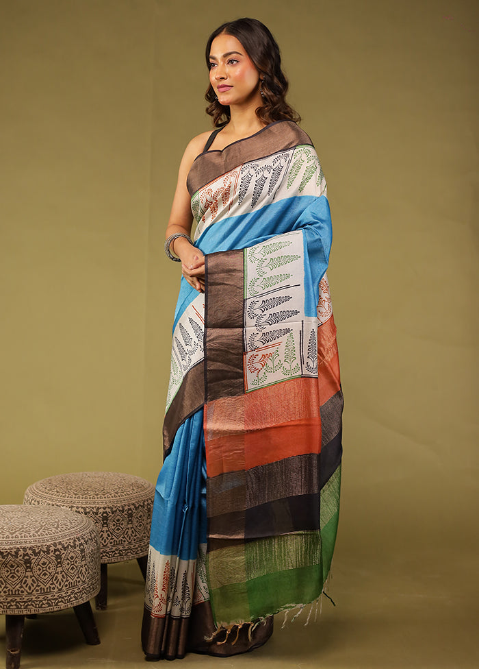 Blue Tussar Silk Saree With Blouse Piece