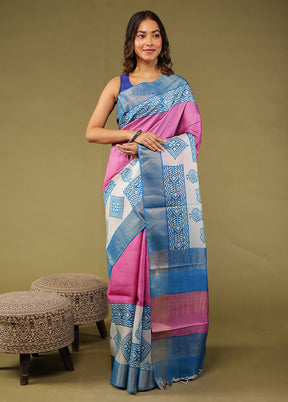 Pink Tussar Silk Saree With Blouse Piece