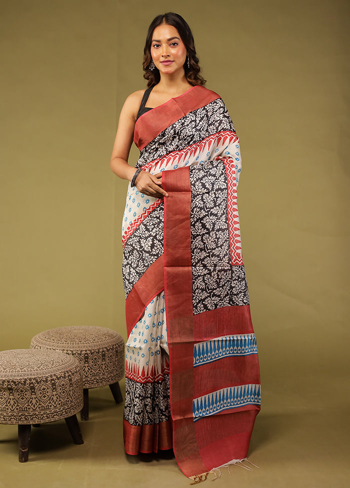 Cream Tussar Silk Saree With Blouse Piece