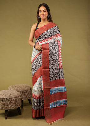 Cream Tussar Silk Saree With Blouse Piece