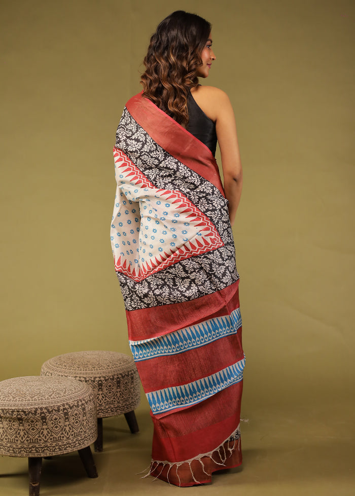 Cream Tussar Silk Saree With Blouse Piece