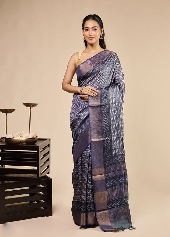 Blue Handloom Tussar Pure Silk Saree With Blouse Piece